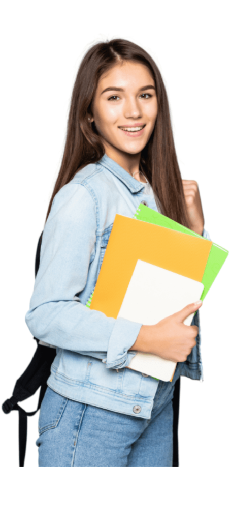 A young woman carrying a backpack and folders, representing the commitment to education on the leading online tutoring platform in the UAE
